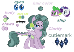 Size: 1280x911 | Tagged: safe, artist:skydreamplayzz, derpibooru import, rarity, spike, oc, oc:clarity, dracony, hybrid, chest fluff, claws, dragon wings, female, interspecies offspring, lidded eyes, male, mare, offspring, parent:rarity, parent:spike, parents:sparity, reference sheet, shipping, simple background, smiling, smirk, solo, sparity, straight, transparent background, wings