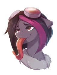 Size: 830x1100 | Tagged: safe, artist:vistamage, derpibooru import, oc, oc only, oc:mimicry, changeling, bust, changeling oc, long tongue, purple changeling, solo, tongue, tongue out