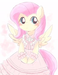 Size: 1584x2048 | Tagged: safe, artist:ginmaruxx, derpibooru import, fluttershy, pegasus, pony, bipedal, blushing, clothes, cute, dress, female, looking at you, mare, shyabetes, smiling, solo, spread wings, wings