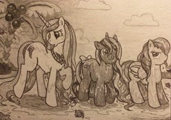 Size: 2976x2101 | Tagged: safe, artist:x-fang-z, derpibooru import, oc, oc only, oc:dark sky lightning, oc:reconcile ribbon, oc:weather bound, pony, alternate universe, beach, female, females only, mare, monochrome, traditional art, water