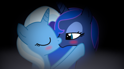 Size: 1920x1080 | Tagged: safe, artist:manerg, derpibooru exclusive, derpibooru import, princess luna, trixie, blushing, eyes closed, female, kissing, lesbian, luxie, shipping