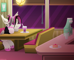 Size: 3163x2570 | Tagged: safe, artist:andaluce, derpibooru import, oc, oc:gravel shine, bat pony, emo, milkshake, restaurant, sitting, solo, unshorn fetlocks