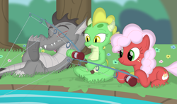 Size: 3567x2104 | Tagged: safe, artist:porygon2z, derpibooru import, oc, oc:draco flames, oc:jade, oc:strawberry fluffcake, dragon, earth pony