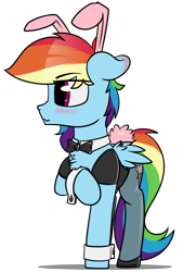 Size: 3240x4800 | Tagged: safe, artist:dacaoo, derpibooru import, edit, rainbow dash, pegasus, pony, blushing, bowtie, bunny ears, bunny suit, bunny tail, chest fluff, clothes, cuffs (clothes), cute, ear blush, ears, eyebrows visible through hair, floppy ears, folded wings, leotard, looking away, nose wrinkle, one hoof raised, pantyhose, simple background, textless edit, transparent background, wavy mouth, wings