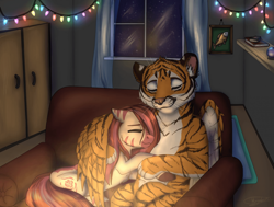 Size: 1920x1454 | Tagged: safe, artist:megabait, derpibooru import, oc, oc only, big cat, pony, tiger, flat, hug, love, night, sofa, wings