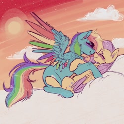 Size: 3500x3500 | Tagged: safe, artist:yumkandie, derpibooru import, fluttershy, rainbow dash, pegasus, pony, blushing, boop, cloud, eyes closed, female, flutterdash, hug, lesbian, mare, noseboop, on a cloud, shipping