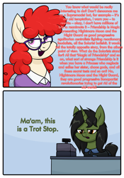 Size: 1397x1995 | Tagged: safe, artist:moonatik, derpibooru import, twist, oc, oc:grim fate, earth pony, pony, unicorn, cash register, cashier, clothes, fast food, female, food, glasses, horn, implied nightmare moon, mare, meme, older, older twist, pants, ponified, ponified meme, shirt, sir this is a wendy's, slavoj zizek, sweater, unicorn oc, uniform