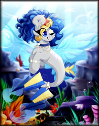 Size: 1280x1628 | Tagged: safe, artist:woonborg, derpibooru import, oc, oc only, seapony (g4), blue eyes, bubble, clothes, collar, coral, ear fluff, ears, eyelashes, fin wings, fish tail, flowing tail, jewelry, necklace, ocean, one eye closed, pearl necklace, seaweed, see-through, solo, starfish, sunlight, tail, underwater, water, wings, wink