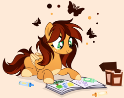 Size: 978x776 | Tagged: safe, artist:pumpkinpieforlife, derpibooru import, edit, editor:nc-tv, oc, oc only, oc:goldi, butterfly, pegasus, art trade, box, coat markings, colored wings, coloring book, commission, crayon, crayons, cropped, cute, drawing, female, freckles, gradient mane, looking down, lying down, mare, multicolored wings, ocbetes, pegasus oc, profile, prone, request, smiling, socks (coat marking), two toned mane, two toned wings, wings