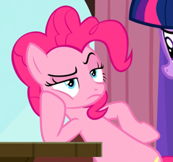 Size: 1073x1008 | Tagged: safe, derpibooru import, edit, edited screencap, screencap, pinkie pie, twilight sparkle, twilight sparkle (alicorn), alicorn, earth pony, pony, a trivial pursuit, confession, eyebrows, eyelashes, hoof on hip, not amused face, offscreen character, pinkie pie is not amused, unamused