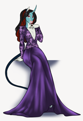 Size: 1546x2243 | Tagged: safe, artist:blackblood-queen, oc, oc only, oc:annie belle, anthro, dracony, hybrid, unguligrade anthro, unicorn, alternate universe, anthro oc, clothes, cloven hooves, curved horn, digital art, dress, ear piercing, earring, eyeshadow, fangs, female, horn, jewelry, leonine tail, lipstick, makeup, piercing, ring, simple background, slit eyes, solo, unicorn oc, wedding ring, willowverse