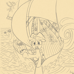 Size: 1000x1000 | Tagged: safe, artist:hotkinkajou, oc, oc only, earth pony, pegasus, pony, unicorn, /mlp/, braided ponytail, digital art, drawthread, female, lineart, loose cannon, loose hair, mare, monochrome, ocean, pirate, requested art, rigging, sailship, ship, simple background, sloop, storm, wave