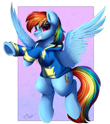Size: 4000x4509 | Tagged: safe, artist:pridark, rainbow dash, pegasus, pony, absurd resolution, clothes, cutie mark, female, flying, hoodie, looking at you, mare, purple eyes, signature, simple background, smiling, solo