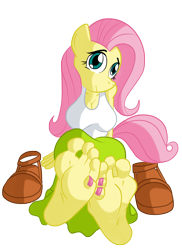 Size: 1500x2064 | Tagged: safe, artist:jinkslizard, derpibooru import, fluttershy, anthro, pegasus, plantigrade anthro, barefoot, breasts, equestria girls outfit, feet, fetish, foot fetish, hootershy, sandals, soles, solo, toes