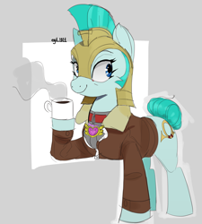 Size: 3180x3532 | Tagged: safe, artist:cadillacdynamite, derpibooru import, oc, oc only, earth pony, pony, equestria at war mod, blue eyes, clothes, coffee, earth pony oc, equestrian pink heart of courage, female, guardsmare, helmet, high res, jacket, mare, royal guard, sketch, smiling, solo, zipper