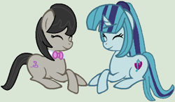 Size: 640x371 | Tagged: safe, artist:jadethepegasus, derpibooru import, octavia melody, sonata dusk, pony, cute, duo, female, happy, holding hooves, lesbian, ponytail, shipping, sonatabetes, sontavia