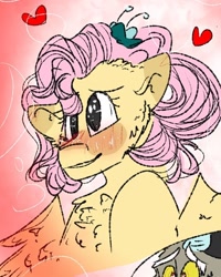 Size: 540x676 | Tagged: safe, artist:cocolove2176, derpibooru import, discord, fluttershy, draconequus, pegasus, pony, alternate hairstyle, blushing, chest fluff, cropped, female, heart, male, mare, offscreen character, solo focus, wings