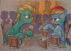 Size: 2048x1485 | Tagged: safe, artist:andypriceart, derpibooru import, idw, applejack, lightning dust, rainbow dash, pegasus, pony, alcohol, annoyed, bloodshot eyes, chair, cider, cider dash, cider mug, colored pencil drawing, competition, complex background, crowd, derp, dizzy, drinking game, drunk, drunk bubbles, faic, female, go home you're drunk, mare, markers, money, mug, silhouette, sitting, smiling, smug, smugdash, table, that pony sure does love cider, traditional art