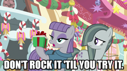 Size: 1280x720 | Tagged: safe, derpibooru import, edit, edited screencap, editor:jaredking203, screencap, marble pie, maud pie, earth pony, pony, best gift ever, caption, female, image macro, mare, meme, pie sisters, present, pun, siblings, sisters, text