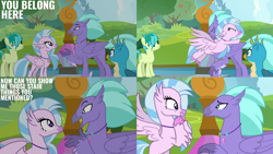 Size: 2000x1125 | Tagged: safe, derpibooru import, edit, edited screencap, editor:quoterific, screencap, gallus, sandbar, seaspray, silverstream, earth pony, griffon, hippogriff, pony, school daze, female, male