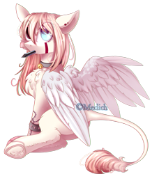 Size: 2160x2368 | Tagged: safe, artist:mediasmile666, derpibooru import, oc, oc only, pegasus, pony, chest fluff, collar, ear piercing, female, leonine tail, mare, mouth hold, piercing, simple background, solo, transparent background