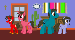 Size: 3154x1673 | Tagged: safe, artist:shadymeadow, derpibooru import, oc, oc only, oc:dancing fan, oc:fried egg, oc:health hero, oc:holy medicine, pony, cactus, cross, female, male, mare, stallion