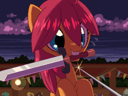 Size: 800x600 | Tagged: safe, artist:rangelost, derpibooru import, oc, oc only, oc:trailblazer, earth pony, pony, bust, cloud, cyoa:d20 pony, female, mare, mouth hold, night, night sky, outdoors, sky, solo, sword, weapon