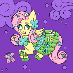 Size: 1000x1000 | Tagged: safe, artist:peachi_tea, derpibooru import, fluttershy, butterfly, pony, clothes, dress, gala dress