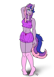 Size: 2800x4000 | Tagged: safe, artist:yumomochan, derpibooru import, anthro, bloomers, clothes, commission, female, mare, multicolored hair, original character do not steal, purple underwear, simple background, socks, tongue, tongue out, underwear, white background, your character here