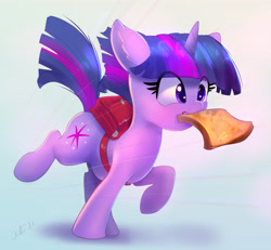 Size: 4413x4078 | Tagged: safe, artist:xbi, derpibooru import, twilight sparkle, unicorn twilight, pony, unicorn, abstract background, bag, bread, cute, female, filly, filly twilight sparkle, food, mouth hold, running, schoolgirl toast, solo, toast, twiabetes, younger