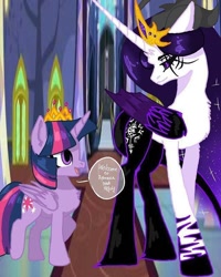 Size: 640x800 | Tagged: safe, artist:_goddesskatie_, derpibooru import, twilight sparkle, twilight sparkle (alicorn), oc, alicorn, pony, alicorn oc, black sclera, crown, duo, female, horn, indoors, jewelry, looking back, mare, regalia, smiling, tiara, wings