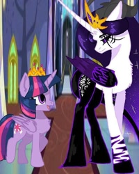 Size: 640x800 | Tagged: safe, alternate version, artist:_goddesskatie_, derpibooru import, twilight sparkle, twilight sparkle (alicorn), oc, alicorn, pony, alicorn oc, black sclera, chest fluff, crown, duo, female, horn, indoors, jewelry, looking back, mare, regalia, smiling, tiara, wings