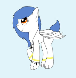 Size: 662x674 | Tagged: safe, artist:shycookieq, derpibooru import, oc, oc only, bat pony, hybrid, pony, bat pony oc, bat wings, blue background, eyelashes, jewelry, necklace, simple background, smiling, solo, wings