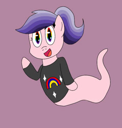 Size: 650x679 | Tagged: safe, artist:shycookieq, derpibooru import, oc, oc only, ghost, ghost pony, pony, undead, clothes, open mouth, purple background, simple background, smiling