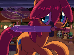 Size: 800x600 | Tagged: safe, artist:rangelost, derpibooru import, oc, oc only, oc:tonsoria, oc:trailblazer, earth pony, pony, cyoa:d20 pony, female, mare, mouth hold, scissors, solo focus, sword, weapon