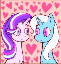 Size: 745x787 | Tagged: safe, artist:fraisep14, derpibooru import, starlight glimmer, trixie, pony, unicorn, female, heart, lesbian, looking at each other, shipping, startrix