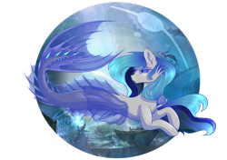 Size: 2920x2053 | Tagged: safe, artist:elektra-gertly, derpibooru import, oc, oc only, merpony, blue mane, clothes, crepuscular rays, ear fluff, ears, fin wings, fish tail, flowing mane, flowing tail, seashell, see-through, simple background, solo, sunlight, swimming, tail, transparent background, underwater, water, wings