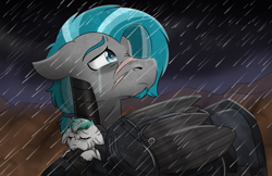 Size: 2508x1624 | Tagged: safe, artist:rokosmith26, derpibooru import, oc, oc only, oc:rokosmith, pegasus, pony, fallout equestria, armor, cloud, cloudy, dark, duo, ears, father and child, father and daughter, female, filly, floppy ears, male, parent and child, rain, sad, scar, stallion, standing, younger