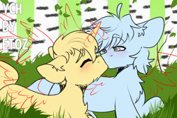 Size: 3000x2000 | Tagged: safe, artist:etoz, derpibooru import, pony, advertisement, auction, auction open, blushing, commission, eyes closed, forest, generic pony, grass, happy, horn, kissing, leaves, tree, wings, ych example, ych sketch, your character here, your character here auction