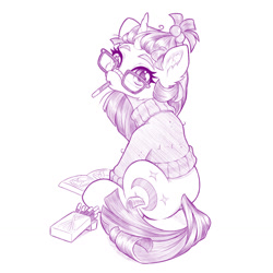 Size: 1280x1280 | Tagged: safe, artist:dstears, derpibooru import, moondancer, pony, unicorn, cute, digital art, female, food, glasses, looking at you, looking back, looking back at you, looking over shoulder, mare, monochrome, mouth hold, pocky, rear view, simple background, sitting, solo, white background