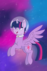 Size: 2000x3000 | Tagged: safe, artist:starlight-j, derpibooru import, twilight sparkle, twilight sparkle (alicorn), alicorn, floating, happy, nebula, solo, space, space helmet