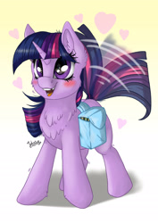 Size: 1920x2716 | Tagged: safe, artist:julunis14, derpibooru import, twilight sparkle, unicorn twilight, pony, unicorn, adorkable, bag, blank flank, blushing, chest fluff, cute, digital art, dork, ear fluff, ears, excited, female, filly, filly twilight sparkle, heart, medibang paint, saddle bag, signature, solo, tail wag, tooth gap, twiabetes, younger