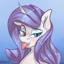 Size: 3000x3000 | Tagged: safe, artist:ellynet, derpibooru import, rarity, pony, unicorn, bushy brows, bust, female, high res, mare, portrait, solo, thick eyebrows, tongue, tongue out