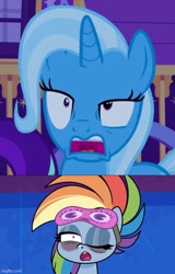 Size: 500x781 | Tagged: safe, derpibooru import, edit, edited screencap, screencap, rainbow dash, trixie, pegasus, pony, unicorn, my little pony: pony life, potion mystery, to where and back again, comic, comparison, faic, female, imgflip, odd, screencap comic, sleep mask, solo, tired