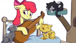 Size: 2048x1152 | Tagged: safe, artist:rutkotka, derpibooru import, apple bloom, cat, earth pony, pony, eyes closed, female, guitar, musical instrument, smiling