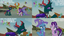 Size: 1280x720 | Tagged: safe, derpibooru import, editor:quoterific, cornicle, pharynx, soupling, starlight glimmer, thorax, trixie, changedling, changeling, pony, unicorn, to change a changeling, arista, collage, frenulum (character), king thorax, male, prince pharynx