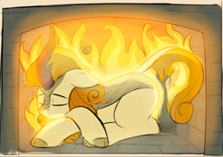Size: 1216x857 | Tagged: safe, artist:czu, derpibooru import, autumn afternoon, kirin, crossed hooves, eyes closed, fire, fireplace, lying down, male, on fire, solo