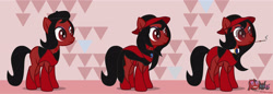 Size: 3200x1097 | Tagged: safe, artist:wheatley r.h., derpibooru exclusive, derpibooru import, oc, oc:red widow, earth pony, pony, beret, cigarette holder, eyeshadow, female, gem, glasses, hat, jewelry, long hair, makeup, mare, necklace, slit eyes, smoking, solo, variant, vector, watermark