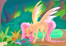 Size: 3696x2568 | Tagged: safe, artist:bombstaticz, derpibooru import, fluttershy, pegasus, pony, bush, colored hooves, eyes closed, female, flower, forest, high res, mare, outdoors, path, raised hoof, raised leg, smiling, sniffing, solo, spread wings, standing, tree, two toned wings, unshorn fetlocks, wings