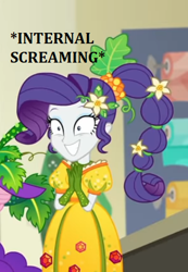 Size: 316x456 | Tagged: safe, derpibooru import, rarity, better together, equestria girls, holidays unwrapped, cornucopia costumes, flower, flower in hair, gem, grin, inflatable dress, internal screaming, meme, nervous, nervous grin, o come all ye squashful, shrunken pupils, smiling, text, wide eyes